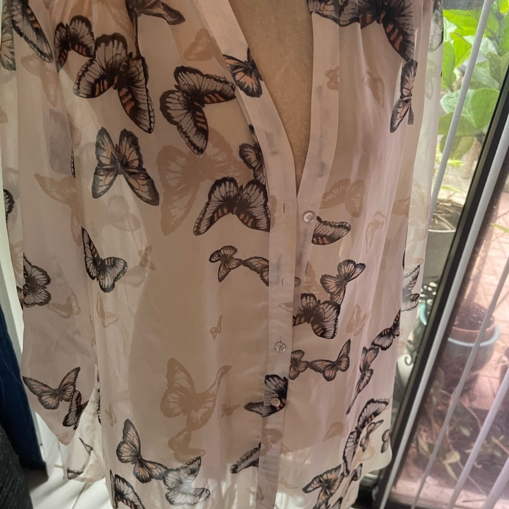 Butterfly Print Sheer Button-Up Blouse - White